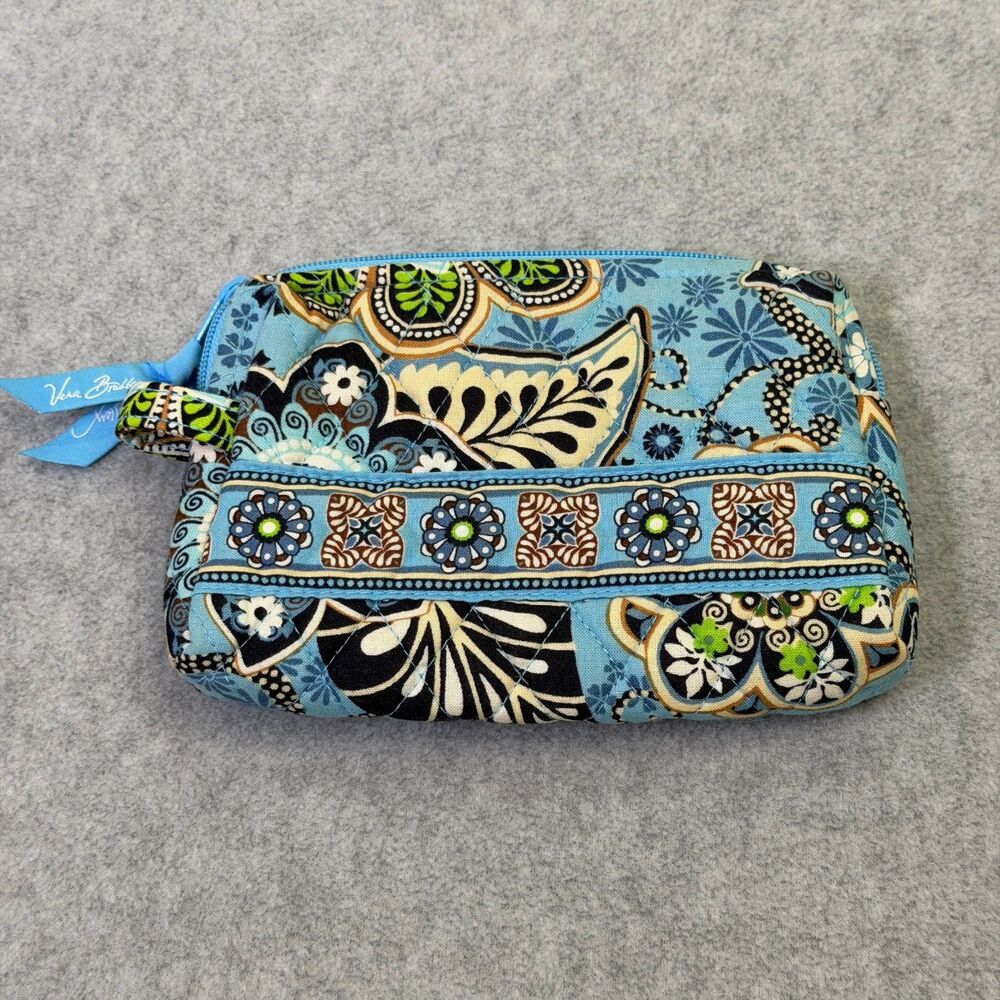 Vera Bradley Quilted Cosmetic Bag Bali Blue Floral Makeup Travel Zip Pouch